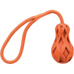 Orangefarbenes Jollypaw Tauspielzeug aus Naturgummi mit Seil, schwimmfähig.