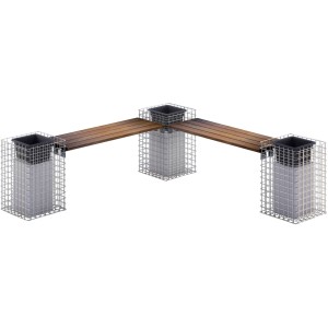 Gabiona 3-Blumensäulen-Bank mit Cumaru-Holz, Maschenweite 5x5 cm. Dekorative Gabionen für Garten und Terrasse.