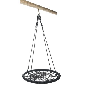 Schwarze SwingKing Nestschaukel, Ø 97 cm, hängend an einem Holzbalken. Zubehör für Gartenspielgeräte.