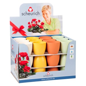 Scheurich Übertopf 920, Ø 7 cm, verschiedene Farben im Verkaufsdisplay.