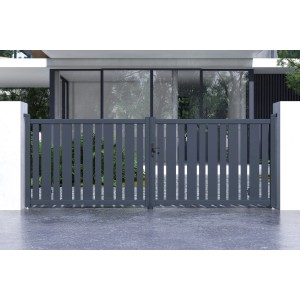 Graues Casanoov Elektro-Flügeltor 4x1 m mit Motorisierung vor modernem Haus.