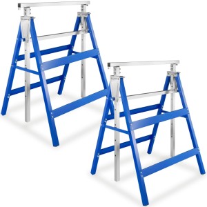 2er Set blaue, klappbare Tectake Gerüstböcke aus Stahl, höhenverstellbar für Wartung und Reparatur.