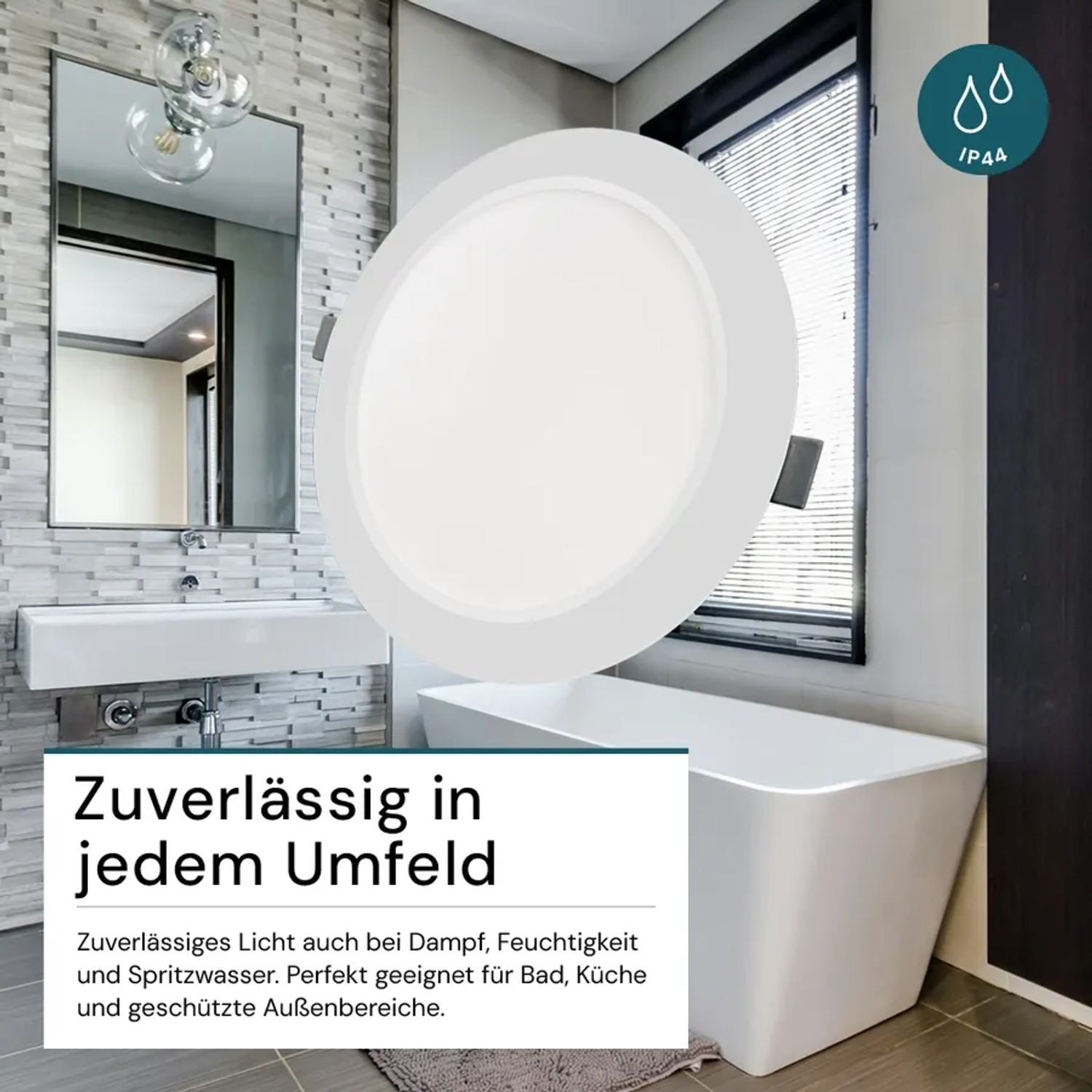Runde, weiße LUXULA LED Einbauleuchte im Badezimmer, Lichtfarbe einstellbar.