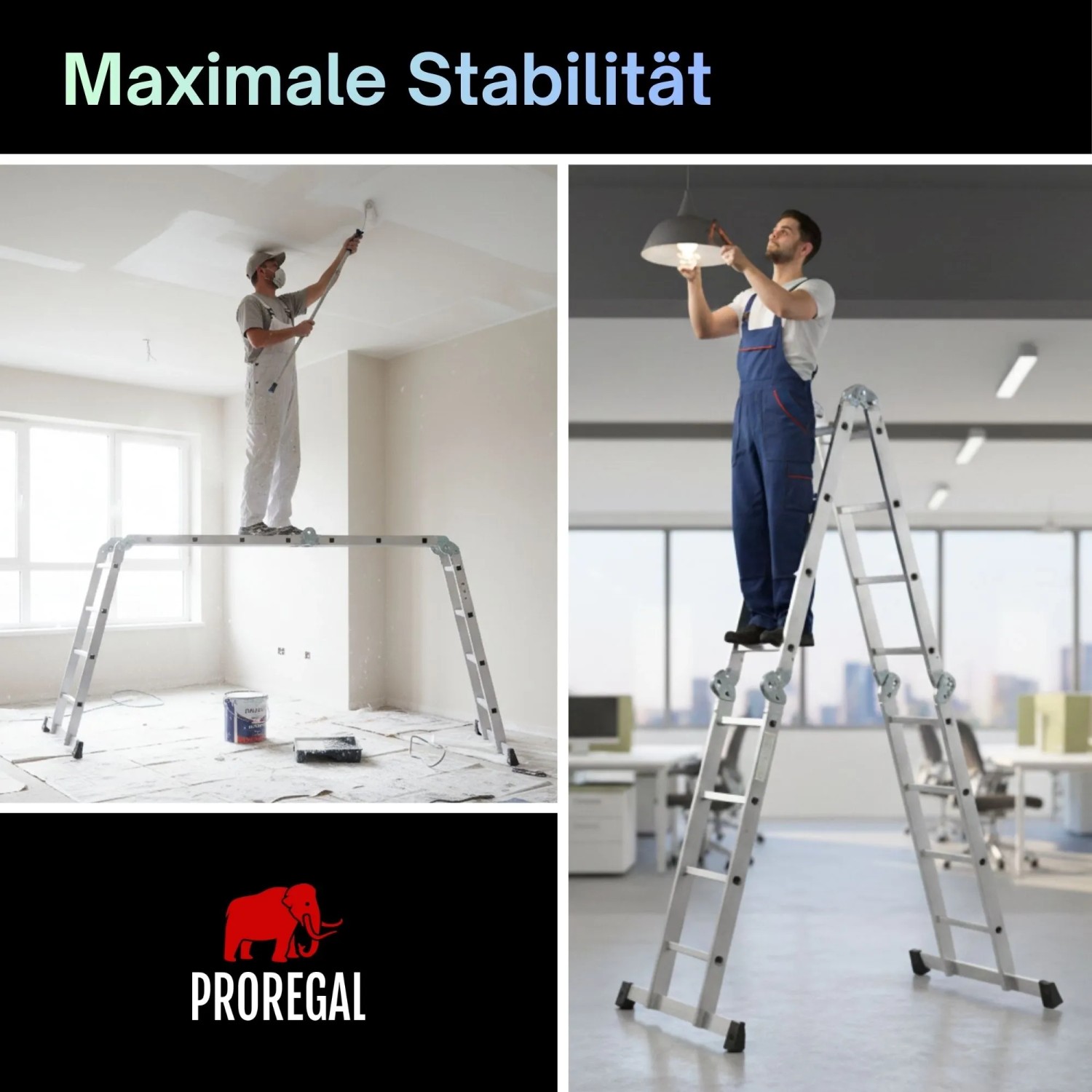 PROREGAL MULTISTEP Aluminium-Mehrzweckleiter als Arbeitsgerüst beim Streichen und als Stehleiter beim Lampenwechsel. Maximale Stabilität.