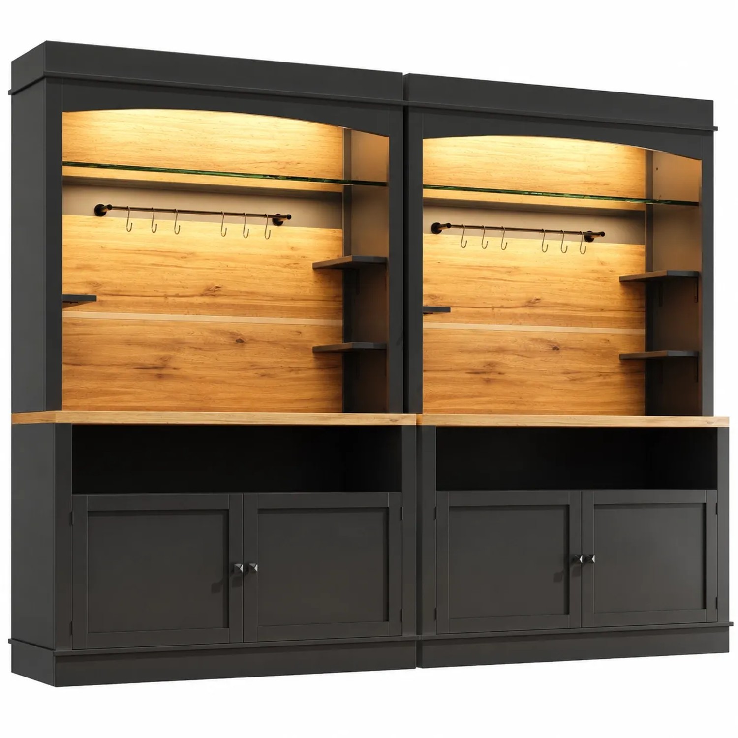Merax Küchenschrank 107x43x184 cm Schwarz Vitrine LED Offenes Regal
