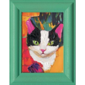 Art Universe Leinwandbild Coloured Cat: Gerahmtes, farbenfrohes Katzenporträt mit grünen Augen und pinken Ohren. Moderner Dekoartikel für Wohnräume.