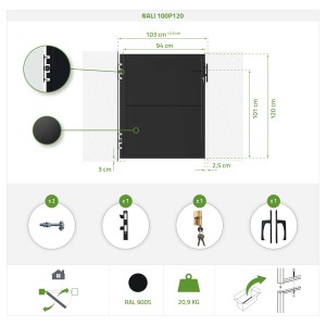Casanoov Stahltor Nali 1M mit Pfosten, H 120cm, mattschwarz, Maße und Zubehör dargestellt.