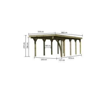 Karibu Einzelcarport Classic aus Holz mit Stahl-Dacheindeckung und Maßangaben.