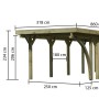 Karibu Einzelcarport Classic aus Holz mit Stahl-Dacheindeckung und Maßangaben.