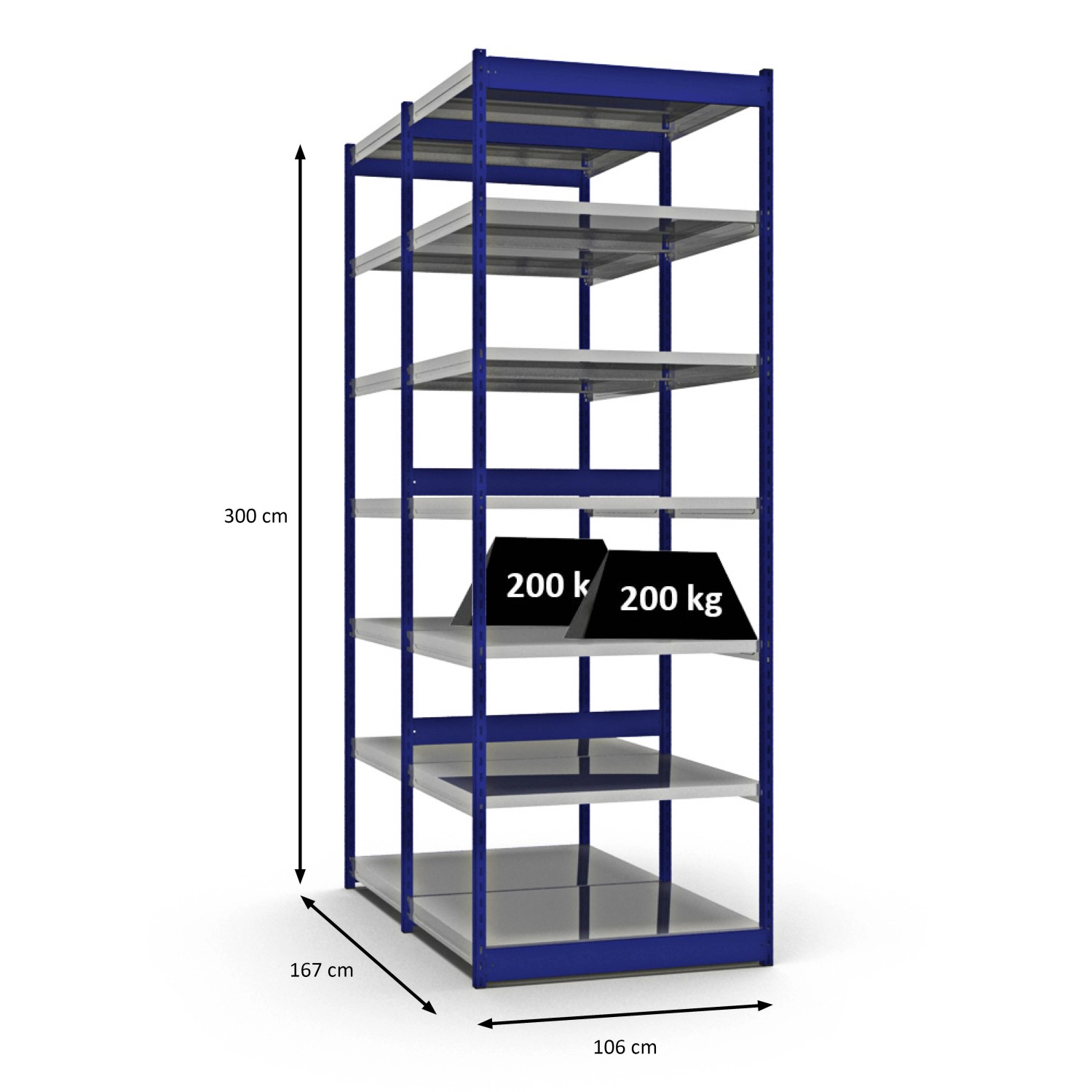 PROREGAL Fachbodenregal, Stecksystem, blau, 300x102,5x80cm, mit 7 Ebenen, Fachlast 200kg.