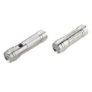 2-teiliges LED Taschenlampenset mit Laserfunktion, silbernes Aluminiumgehäuse.