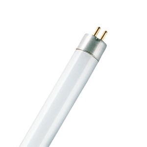 Weiße Leuchtstoffröhre L8W mit G5 Sockel und zwei goldenen Pins für neutralweißes Licht, ideal für Notbeleuchtung.
