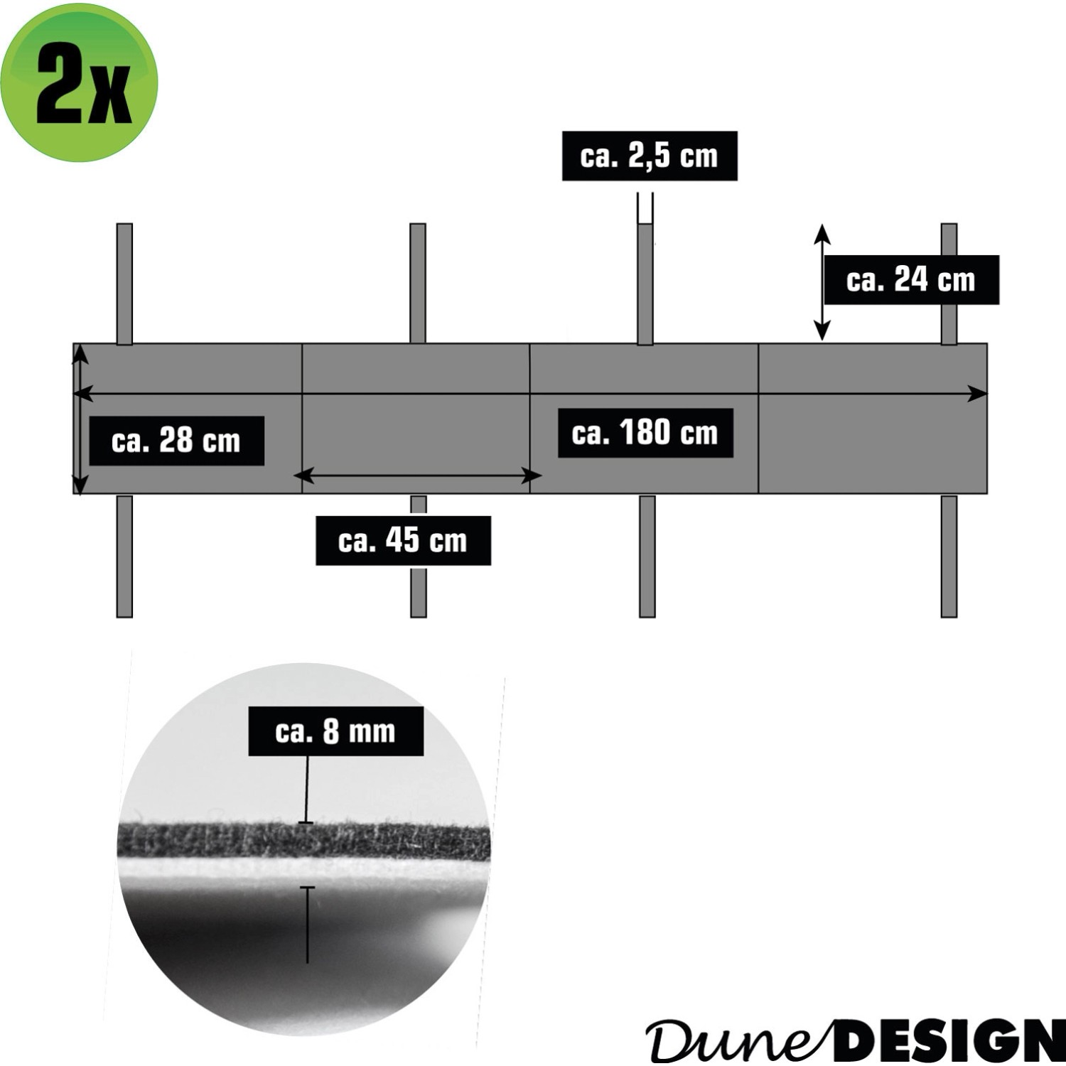 DuneDesign 2er Set Bierbank Polster, Filz, 180x28cm, Anthrazit/Weiß, Maße und Detailansicht.