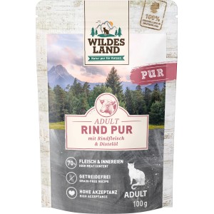 Wildes Land Katzen-Nassfutter Rind Pur, 100g Packung. Nassfutter mit Rindfleisch und Distelöl.
