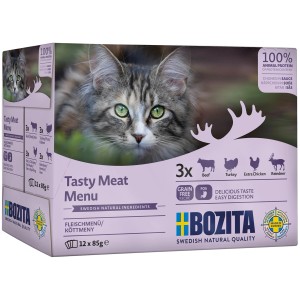Bozita Multibox Katzen-Nassfutter Fleisch in Sauce, 12 x 85g. Getreidefreies Katzenfutter mit Rind, Huhn, Pute und Rentier.