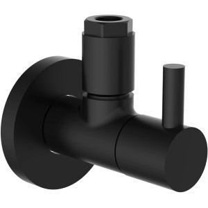 Schwarzes, mattes Kirchhoff Universal Eckventil für Kalt- und Warmwasserleitungen.