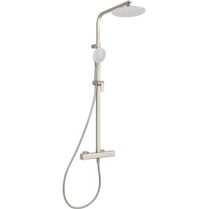 Edelstahlfarbenes baliv Überkopfbrause-Set mit Thermostat-Duscharmatur.