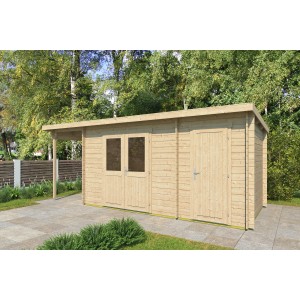 Graues Fjordholz Gartenhaus Gent 28 F mit Pultdach und Doppeltür. Ideal als Gerätehaus oder Hobbyraum.