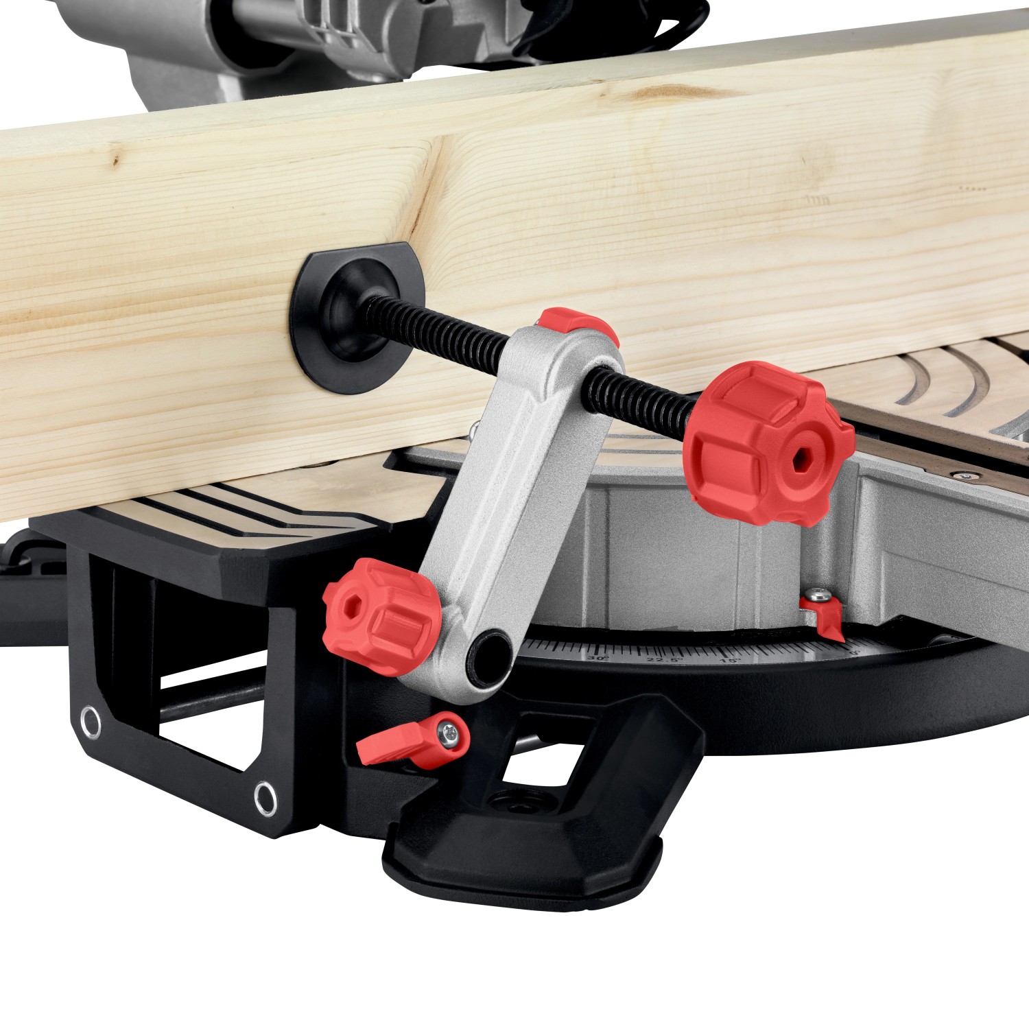 Detailaufnahme: Metabo Kappsäge KGS 305 M mit Zugfunktion und Werkstück-Spannvorrichtung.