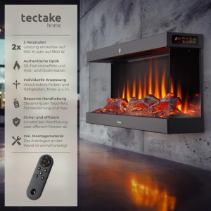 Tectake Elektro Wandkamin Luciano, schwarz, mit 3D-Flammeneffekt, Holz-Glutimitation. 2 Heizstufen, Fernbedienung.