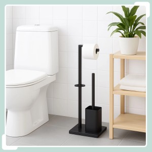 Freistehende, weiße WC-Garnitur mit Bürste und Papierhalter, ca. 67,5 cm hoch.