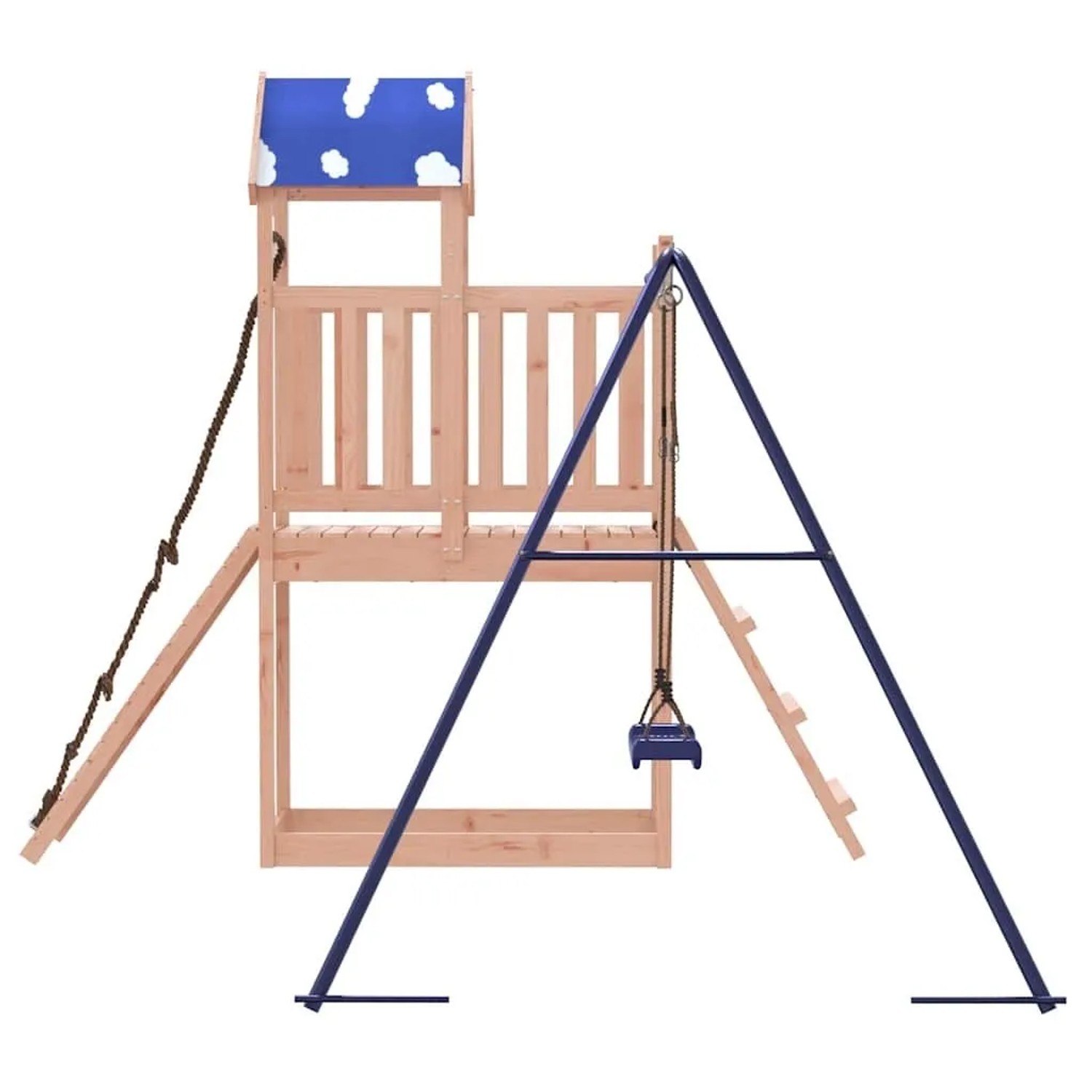 Douglasienholz Spielturm mit blauem Wolkendach, Kletterrampe und blauer Schaukel für Kinder im Garten.