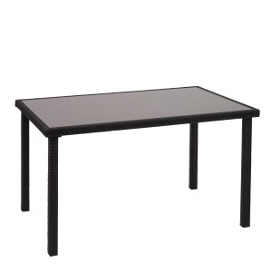 Schwarzer PROREGAL Gartentisch aus Poly-Rattan mit Glasplatte, 71x120x75cm.