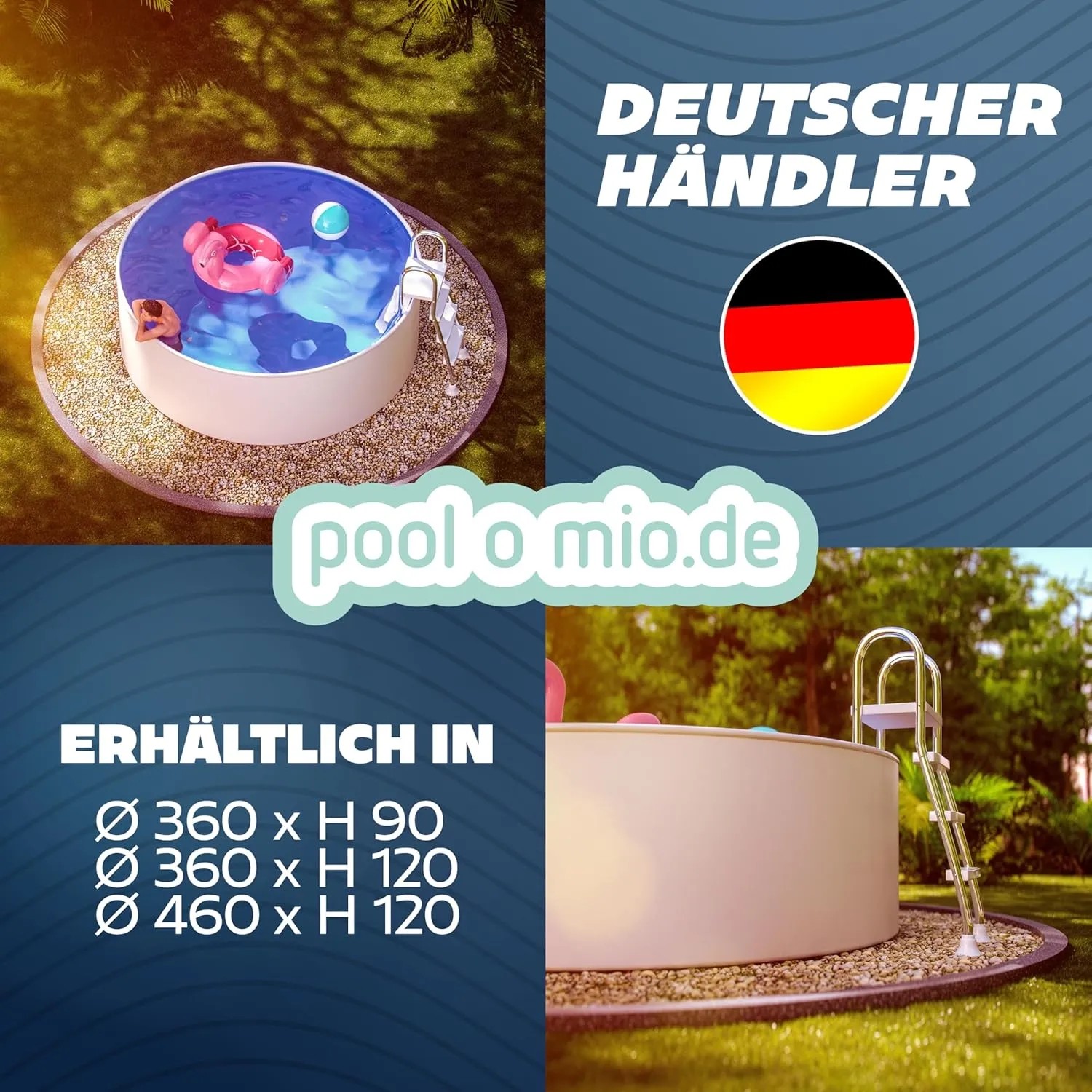 Weißer Poolomio Stahlwandpool, rund, 360x90 cm, mit Leiter, Skimmer und Einlaufdüse.