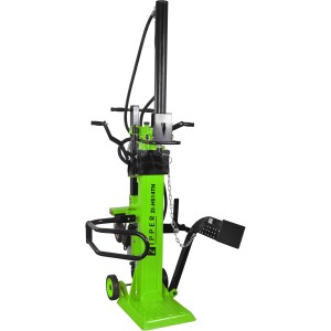 Zipper Holzspalter ZI-HS14TN: Vertikaler Holzspalter in Grün und Schwarz mit Fahrwerk.