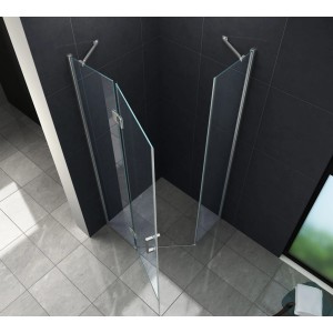 Glasdeals Fünfeck Duschkabine VERTEX 100x100, rahmenlos, aus Klarglas. Elegante Eckdusche für moderne Bäder.