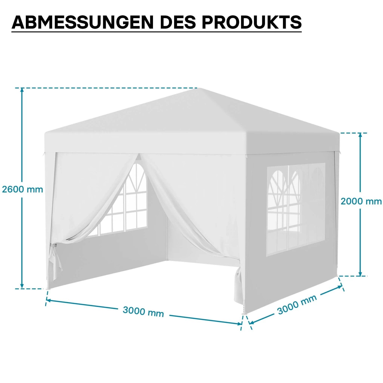 Weißer Wiltec Pavillon 3x3m mit UV-Schutz 50+, Fenstern und Maßen 3000x3000x2600mm. Gartenpavillon.