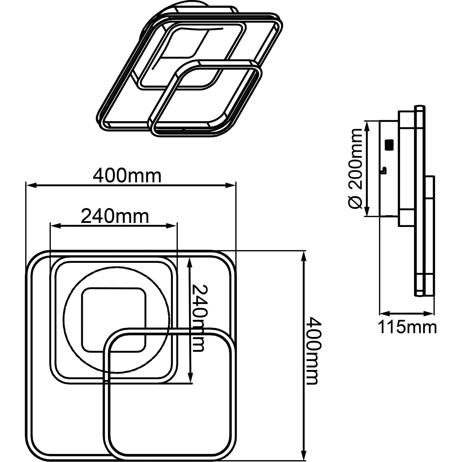 Technische Zeichnung der LED-Deckenleuchte Cava, 40x40 cm, in Weiß und Schwarz mit Maßangaben.
