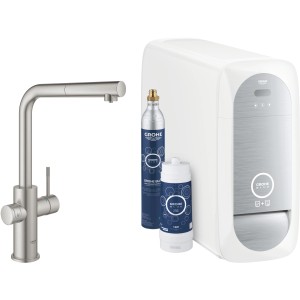Grohe Blue Home Starter Kit mit Armatur, Kühler, Filter und CO2-Flasche in Supersteel.