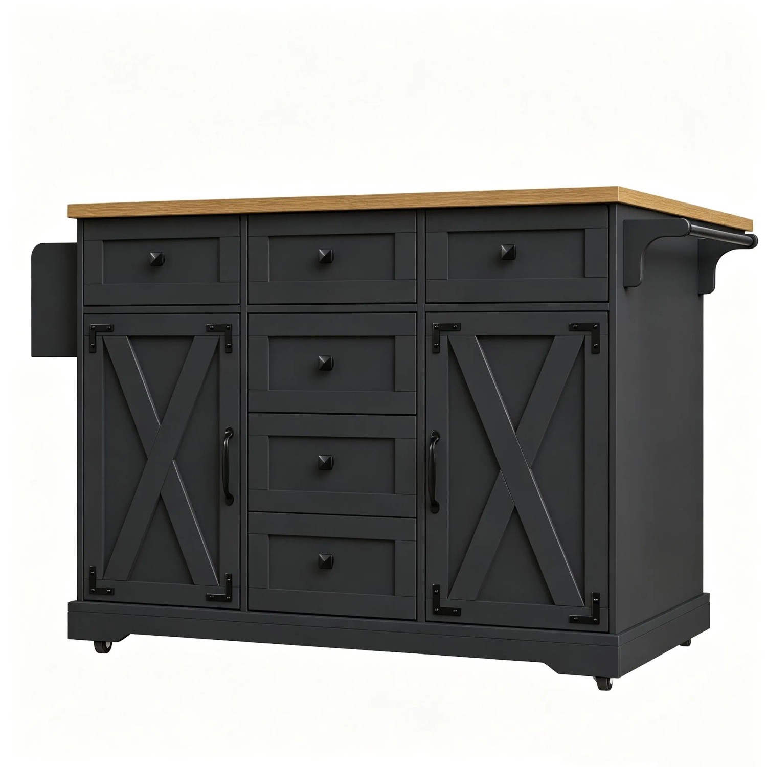 okwish Kücheninsel mit Rollen Großem Stauraum Servierwagen Küche 147 x 70 x 93 cm Schwarz