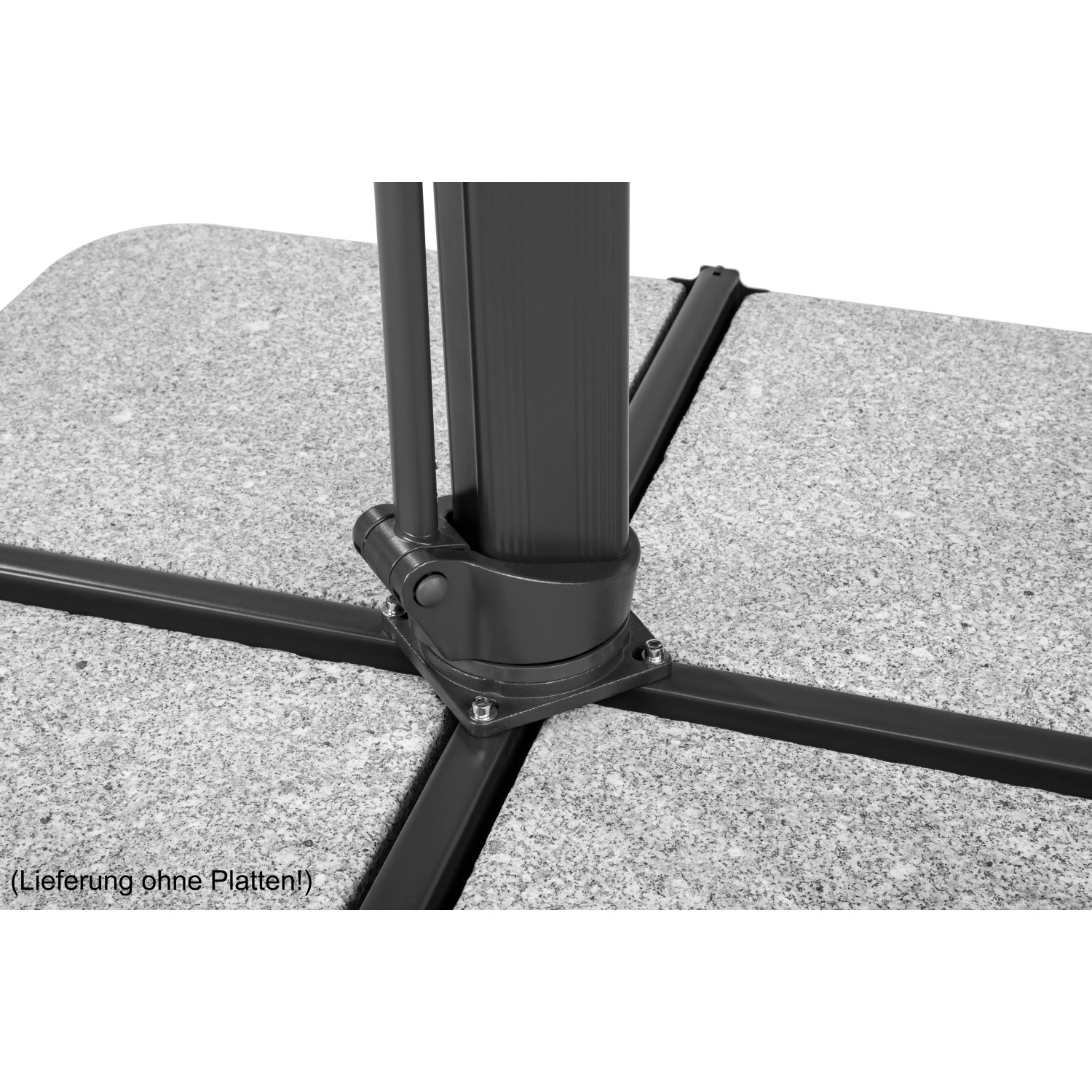 Detailaufnahme des silbergrauen Ampelschirm-Fußes von Schneider, ohne Platten.