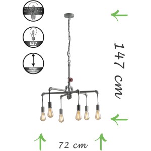 6-flammige Pendelleuchte Amarcord im Industrie-Design, Zinkfarben, Ø 72cm. Dekorative Lampe für E27 Leuchtmittel.