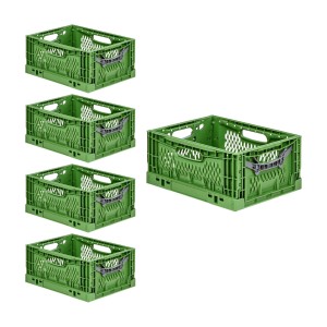 Set aus 5 grünen PROREGAL Klappboxen, stapelbar und klappbar, ideal für Lagerung und Transport.