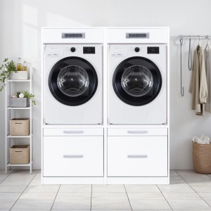 Weißes L-Studio Hauswirtschaftsraum Möbel-Set für Waschmaschine & Trockner. Zwei Schränke mit erhöhten Geräten & Schubladen.