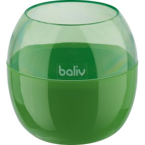 Grüner, glänzender baliv Zahnputzbecher aus Kunststoff in Kugelform.