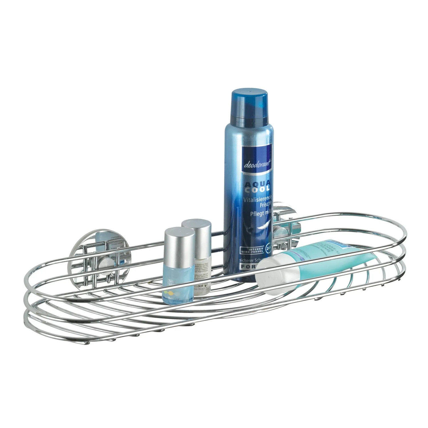 Wenko Maxiablage Turbo-Loc, Chrom, zur Wandmontage ohne Bohren, mit Badartikeln.