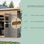 Karibu Gartenhaus Vellinge 2, vorvergraut, mit Doppelflügeltür und Sicherheitsüberfalle.