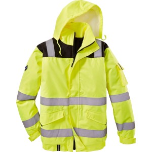 Gelbe Herren Piloten Warnschutzjacke mit Kapuze und Reflexstreifen für hohe Sichtbarkeit.