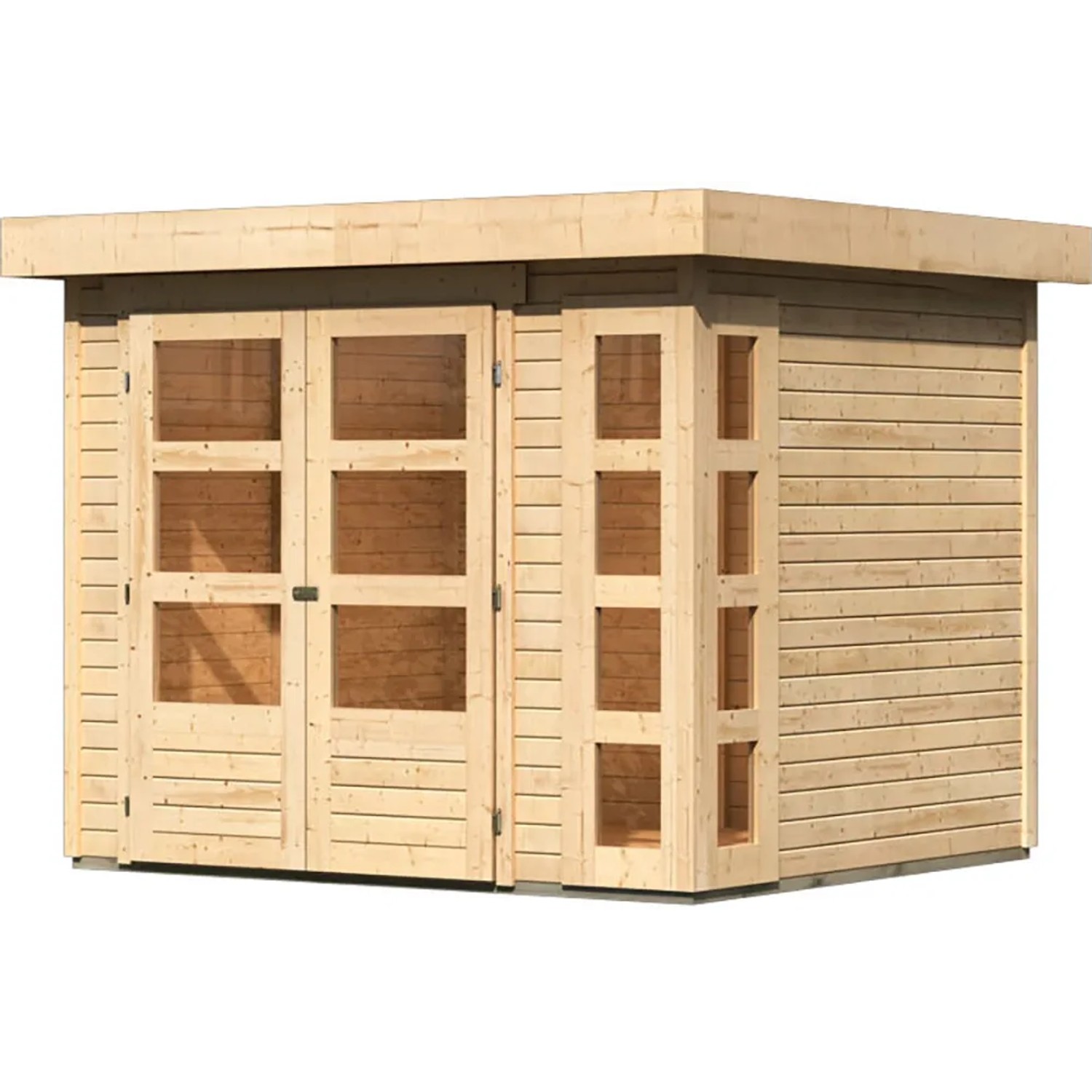 Karibu Holz-Gartenhaus Sölve, naturbelassen, mit Flachdach und Doppeltür. Ideal als Gerätehaus.