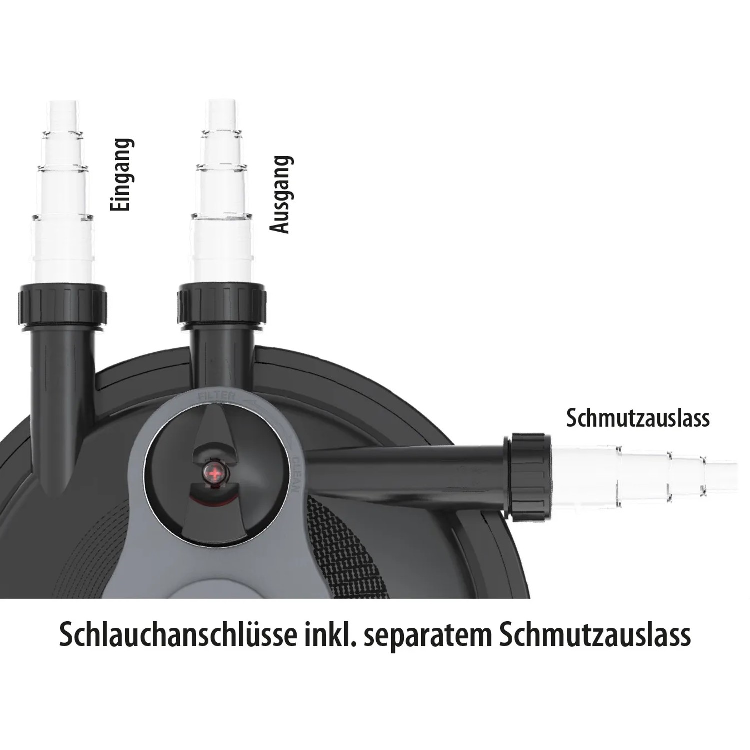 Heissner Druckfilter-Set HLF 4000: Details der Schlauchanschlüsse und Schmutzauslass.
