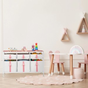 Weiße Kinderkommode mit 6 Schubladen, rosa Akzenten und Ablagefläche im Kinderzimmer.