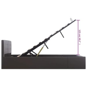 Graues Stauraumbett aus Kunstleder (160x200cm) mit hochgeklapptem Lattenrost und Stauraum.