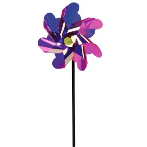 Buntes Windrad aus Kunststoff, Ø 18cm, Höhe 42cm, in Lila, Pink, Gelb und Blau.
