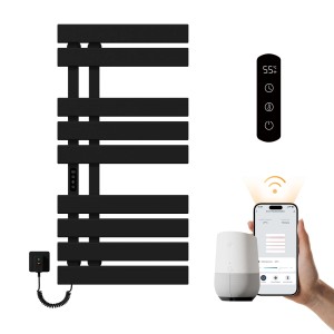 Schwarzer Emke Elektro-Handtuchhalter 100x50cm mit LED, WLAN und App-Steuerung.