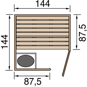 Skizze der Weka Massivholz-Elementsauna Laukkala mit Maßen und Position des Saunaofens.