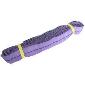 Lila TRUTZHOLM Rundschlinge, 1000kg Tragkraft, 2m Umfang, mit gelben Bändern fixiert.